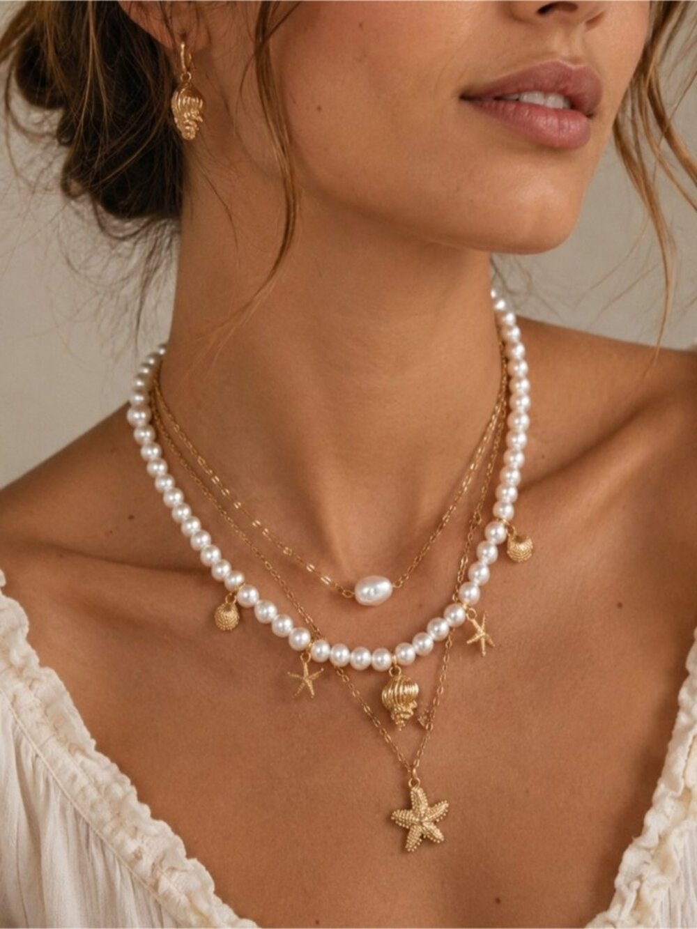 Gold and Pearl Layered Seashell Necklace